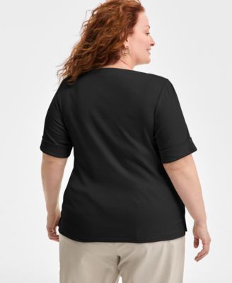 Plus Size Boat-Neck Elbow Sleeve Cotton Top, Exclusively at Macy's