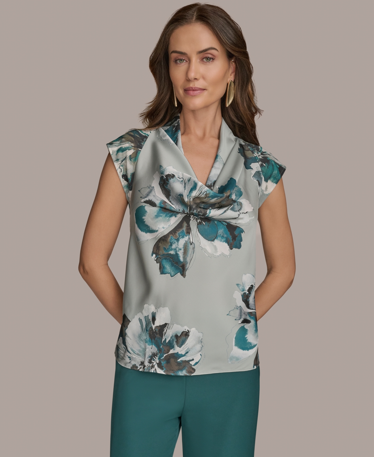 Donna Karan Printed Cap-sleeve Cowlneck Top