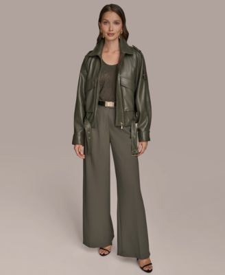 Women's Faux-Leather Zip-Front Belted Jacket