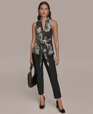 Women's Printed Sleeveless Faux-Wrap Hardware Top