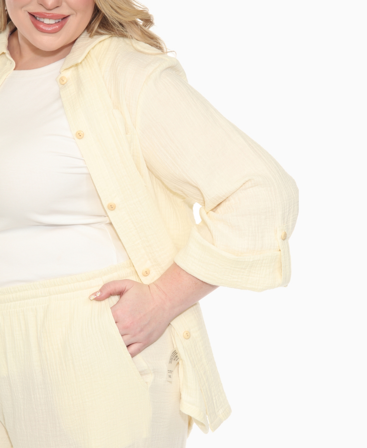 White Mark Plus Size Long Sleeve Button Down Cotton Gauze Set In White