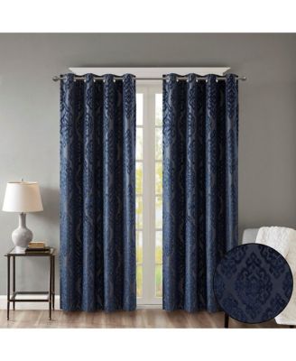 Mirage Knitted Jacquard Damask Total blackout curtains for bedroom, Silver grommet top fit up to 1.25 inches rod Single Curtain Panel for Living Room, Width 50 length 108 inches, Pitch Black Ambiance Navy 1 Window Panel