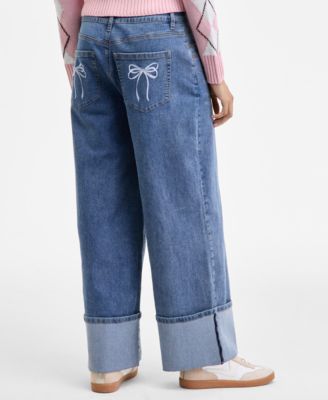 Juniors' High-Rise Cuffed Bow-Embroidery Jeans 