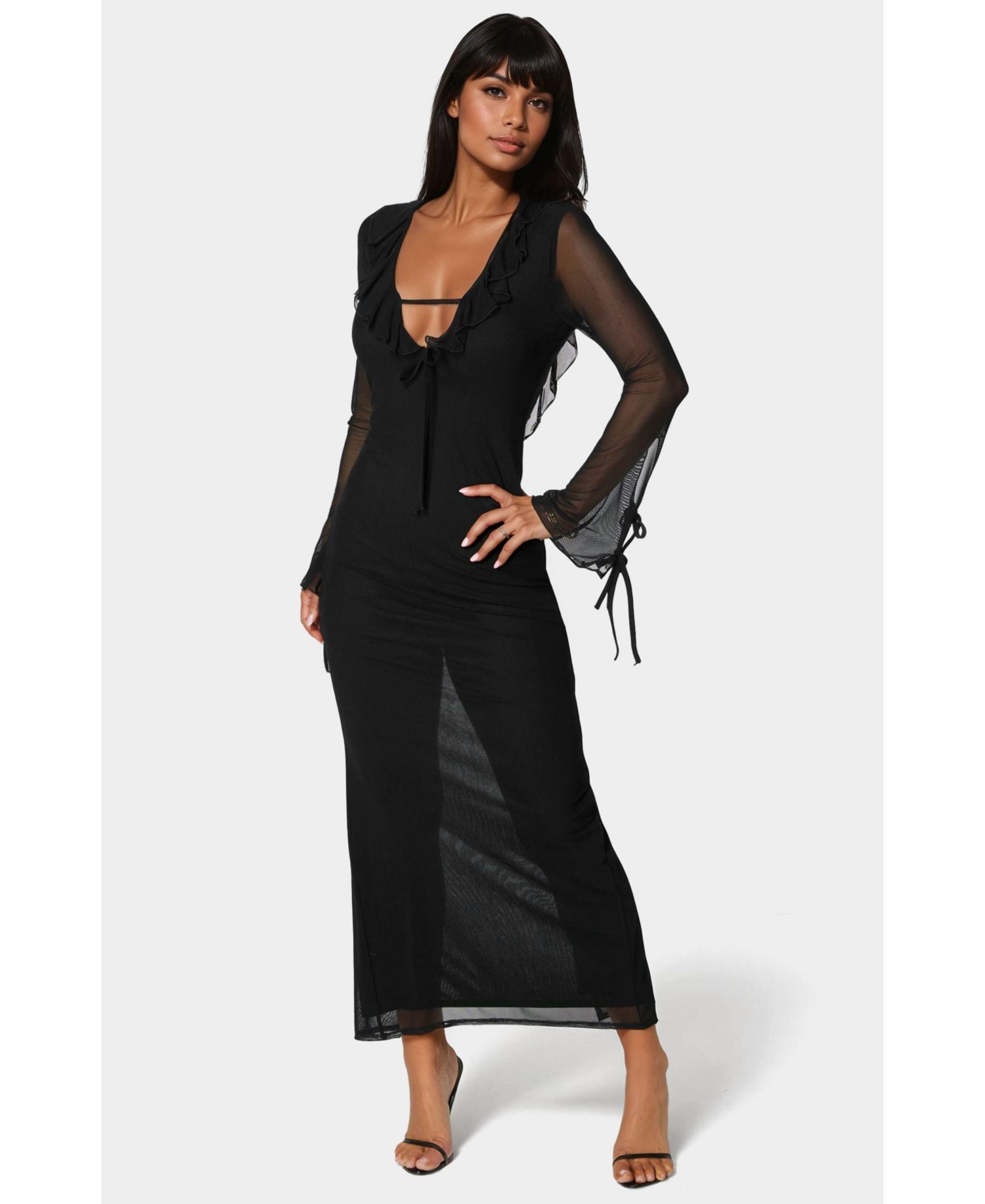 Women's Long Sleeve Ruffle Neck Maxi Dress