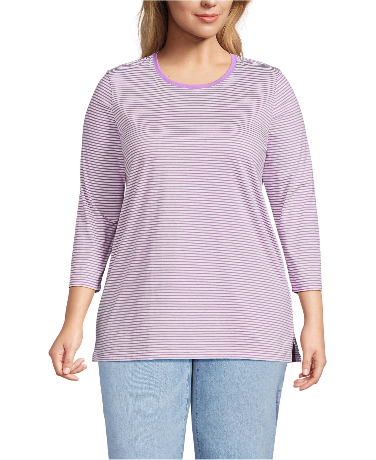 Plus Size 3/4 Sleeve Cotton Supima Tunic - Sweet mango micro stripe