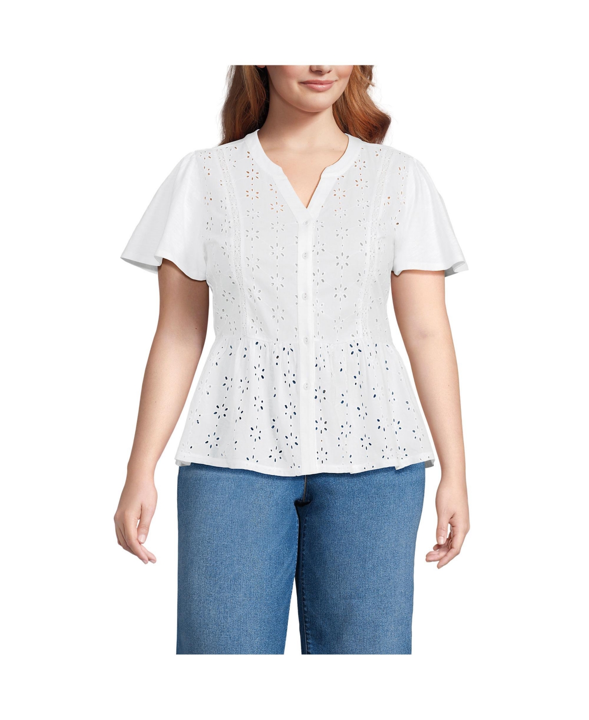 Women's Plus Size Short Sleeve Mixed Media Eyelet Top - Crisp blue