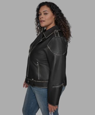 Plus Size Asymmetric Faux-Leather Belted Moto Coat