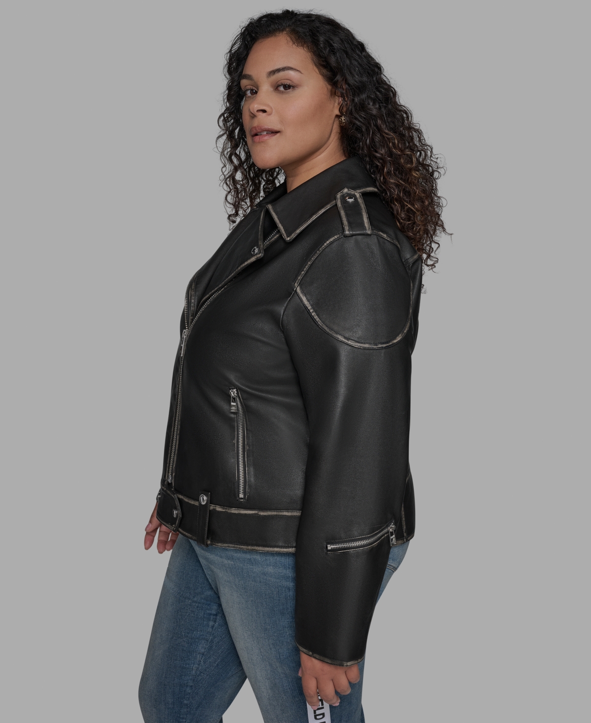 Karl Lagerfeld Paris Plus Size Asymmetric Faux-Leather Belted Moto Coat