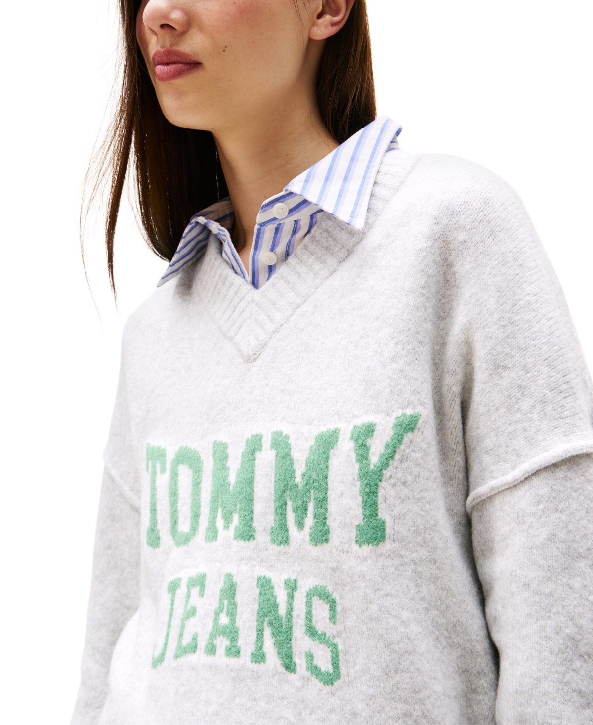 Tommy Jeans Women's Varsity V-neck Long-sleeve Logo Sweater In Neutral
