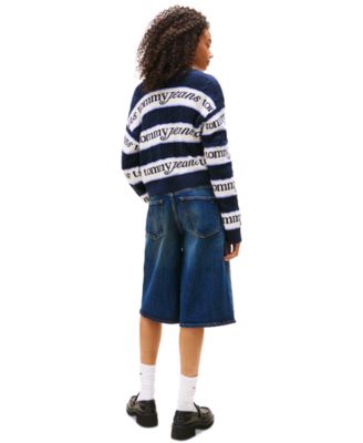 Women's V-Neck Stripe Logo Cotton Sweater