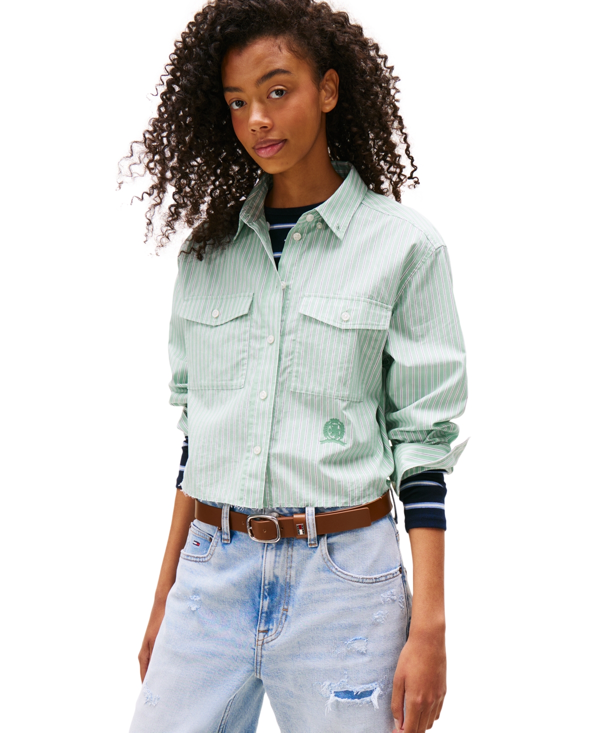 Tommy Jeans Women's Cotton Crop Button-front Crest Shirt In Green