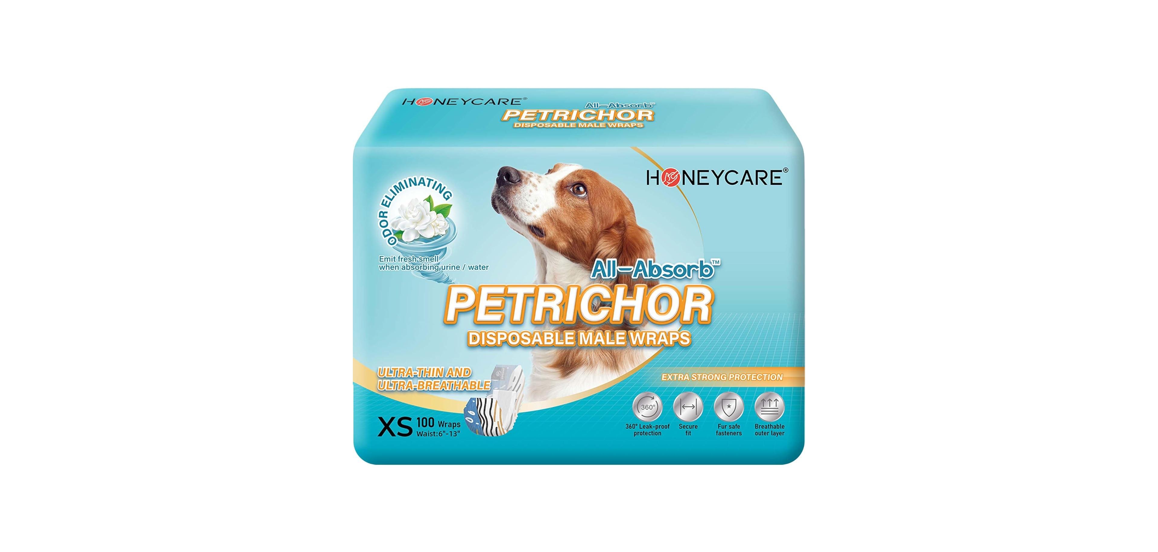 HoneyCare Printed All Absorb Petrichor Male Dog Wrap, Fresh Scent Disposable Diapers, Extra Small, 100ct