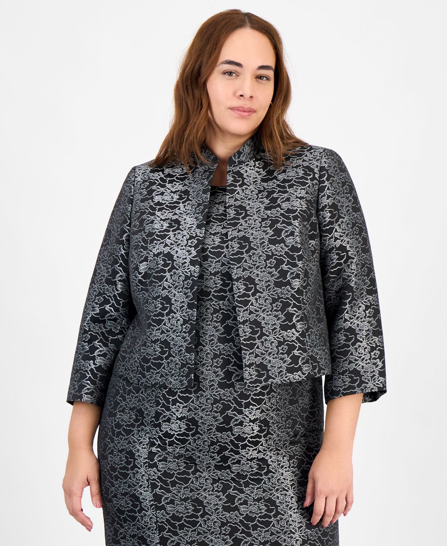 Plus Size Floral Jacquard Sleeveless Sheath 2 Piece Dress Suit