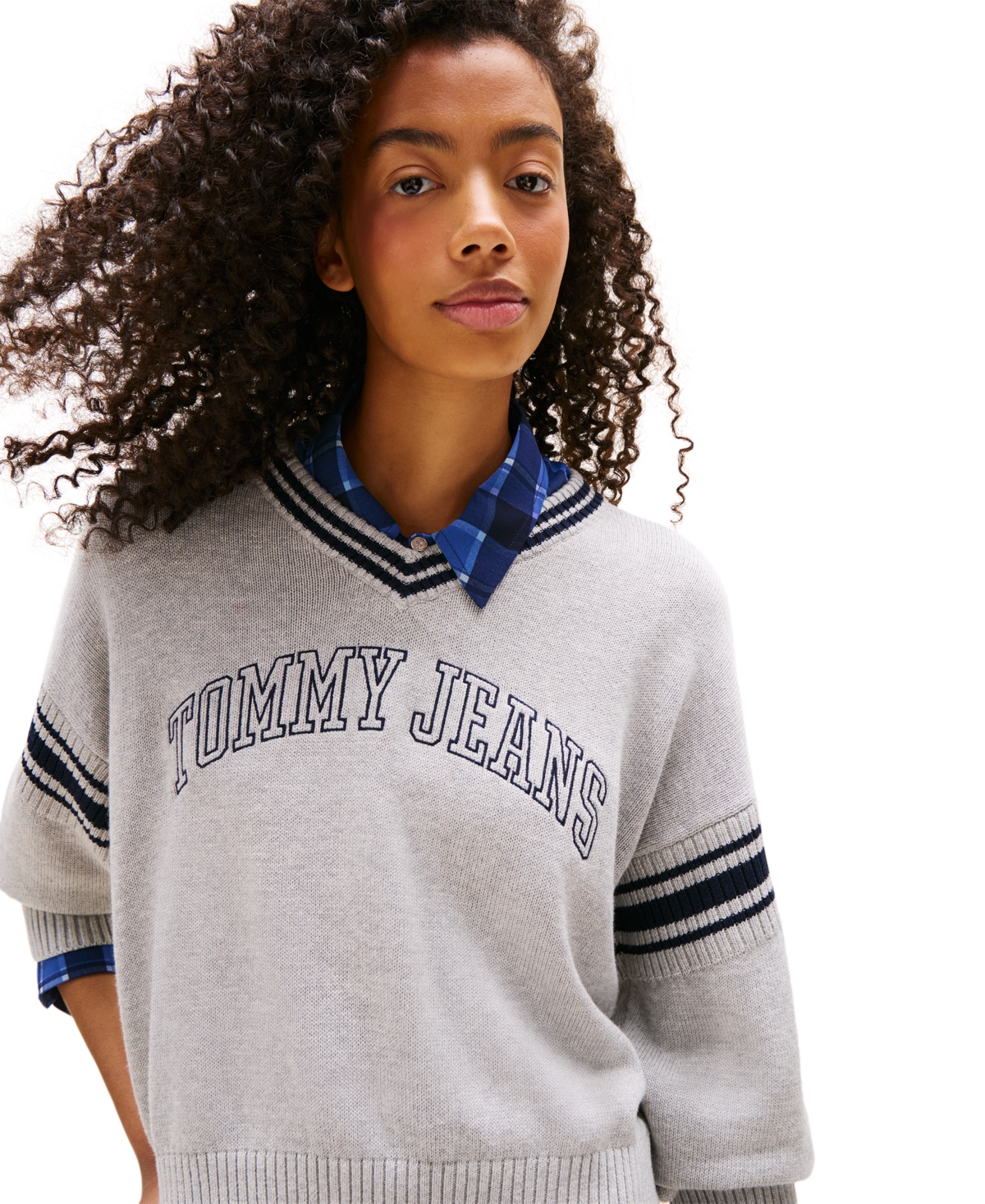 Tommy Jeans Women's Varsity V-neck Cotton Sweater In Gray
