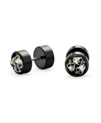 Biker Goth Ear Plug With Three Skulls Black Cheater Faux Plugs 14g Steel