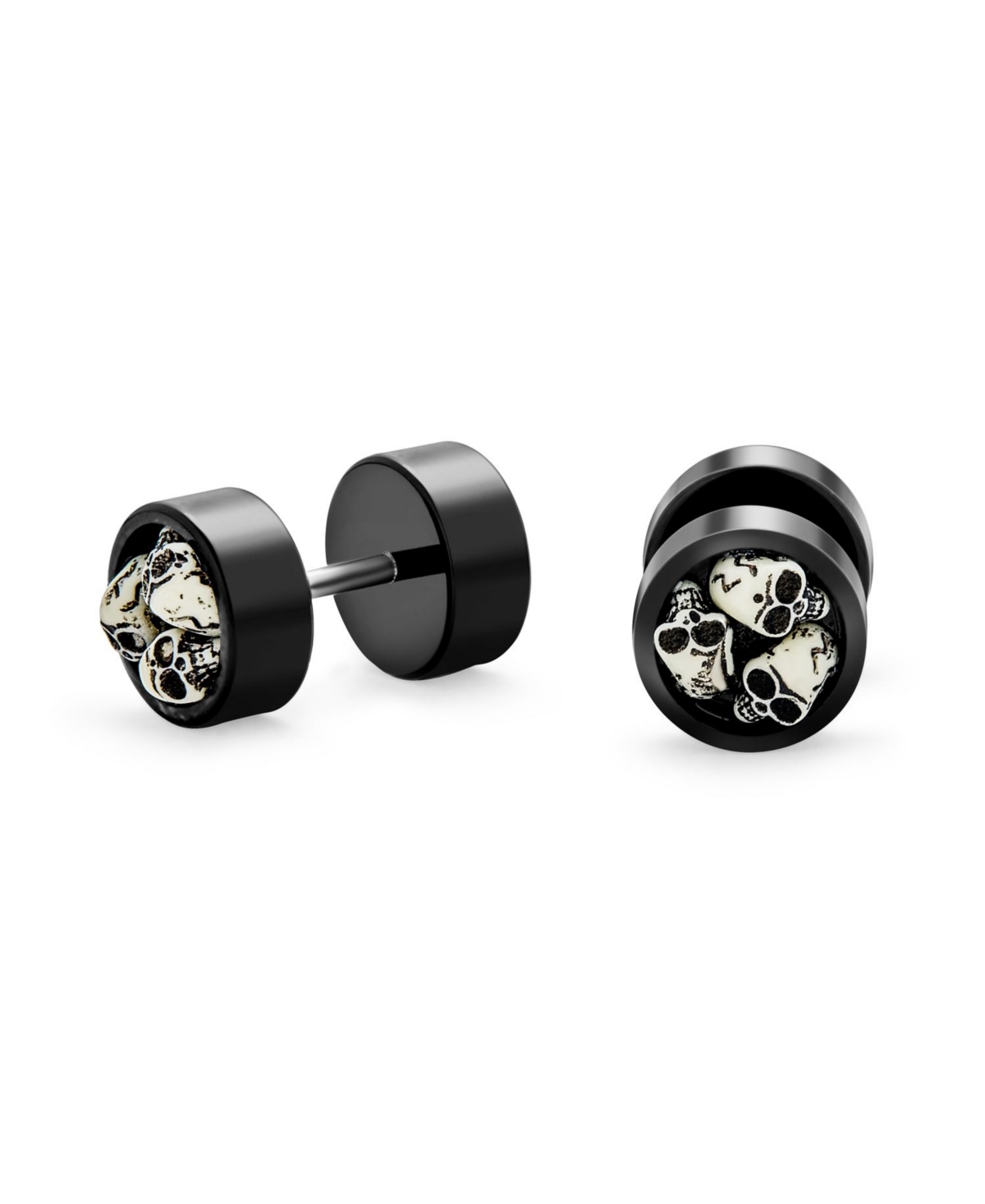 Biker Goth Ear Plug with Three Skulls Black Cheater Faux Plugs 14G Steel - Silver black
