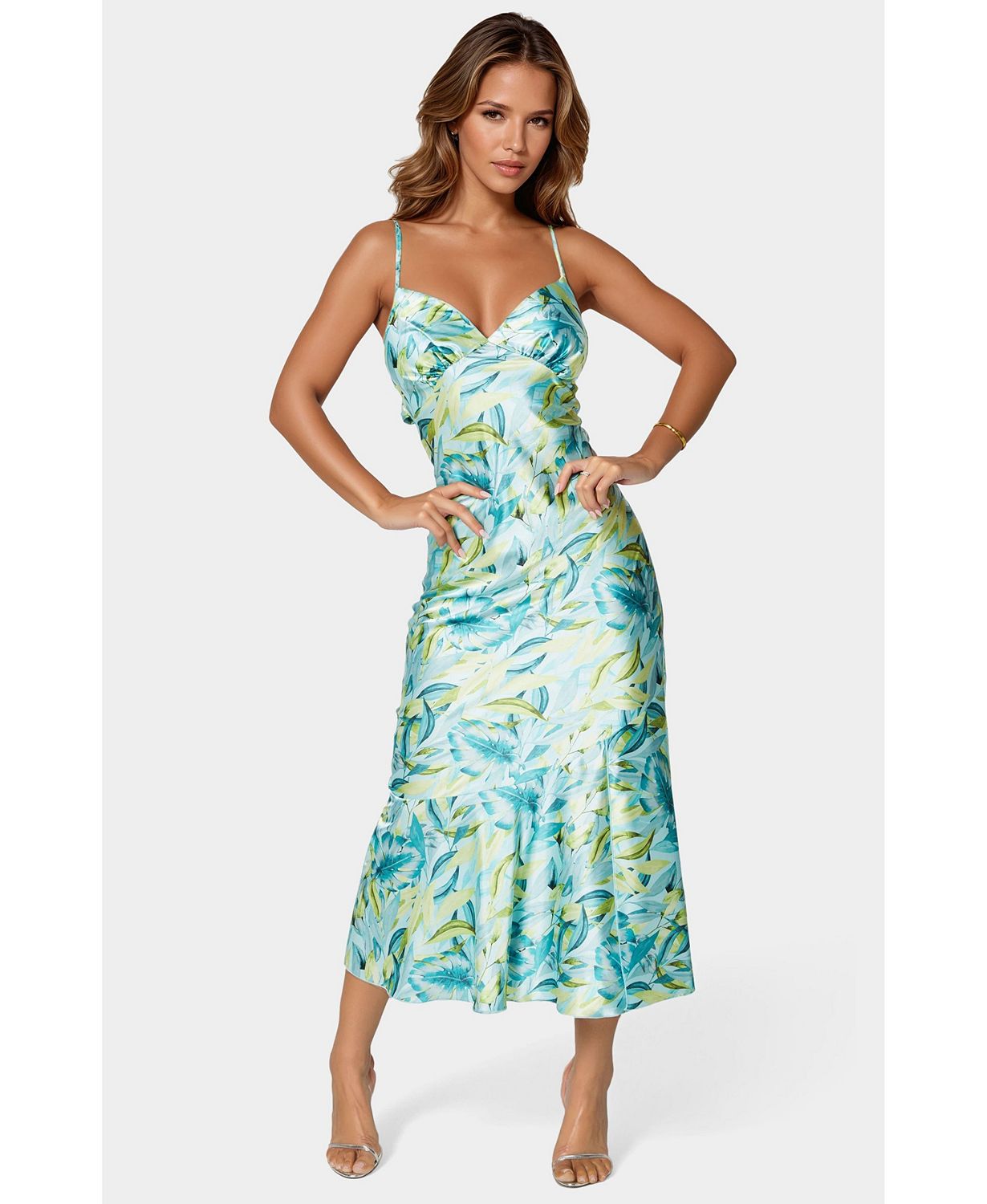 Women's Printed Satin Flounce Maxi Dress