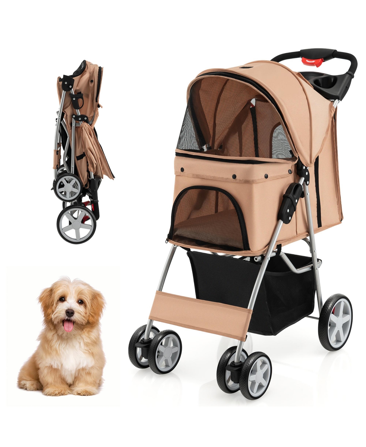 Folding Pet Stroller 4-Wheel Pet Travel Carrier w/Storage Basket - Beige/khaki