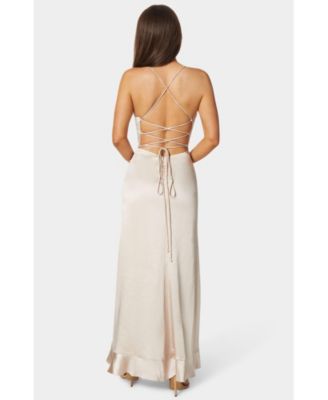 Women's Satin Ruffle Maxi Lace Up Back