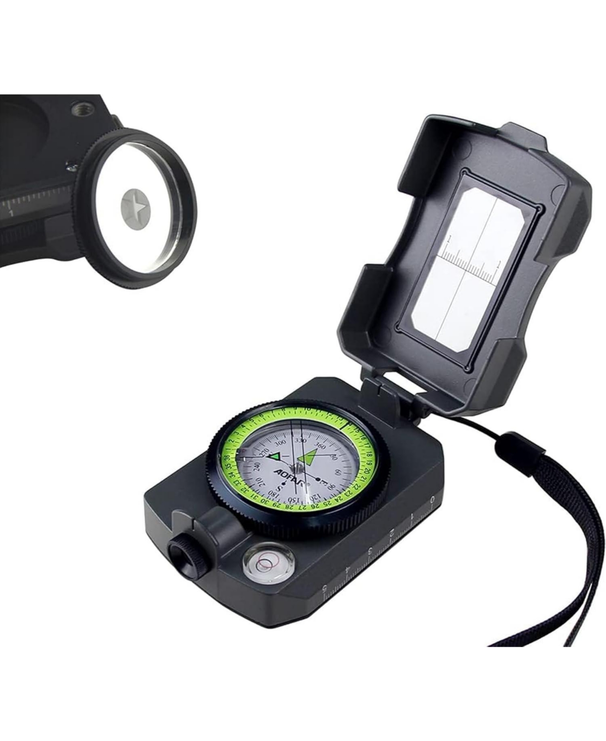 Af-4090 Lensatic Compass, Aluminum Alloy, Signal Mirror, Whistle, Fishing Hook for Hiking, Camping, Fishing, Boatin - Black