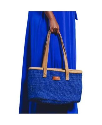 Nourishment Rectangular Handmade Laptop Work Sisal Straw Blue Basket Tote Handbag