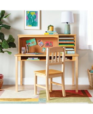 Kids' Media Desk with Hutch and Chair Set – Natural: Kids Table and Chair Set, Computer Desk with Storage Hutch, Kids Bedroom Furniture Set