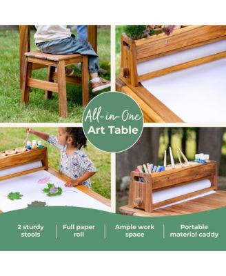 Acadia Outdoor Art Table and Stool Set: Acacia Wood Arts & Crafts Table w/ Storage Paper Roll & Paint Cups Multi Purpose Kids Picnic Table