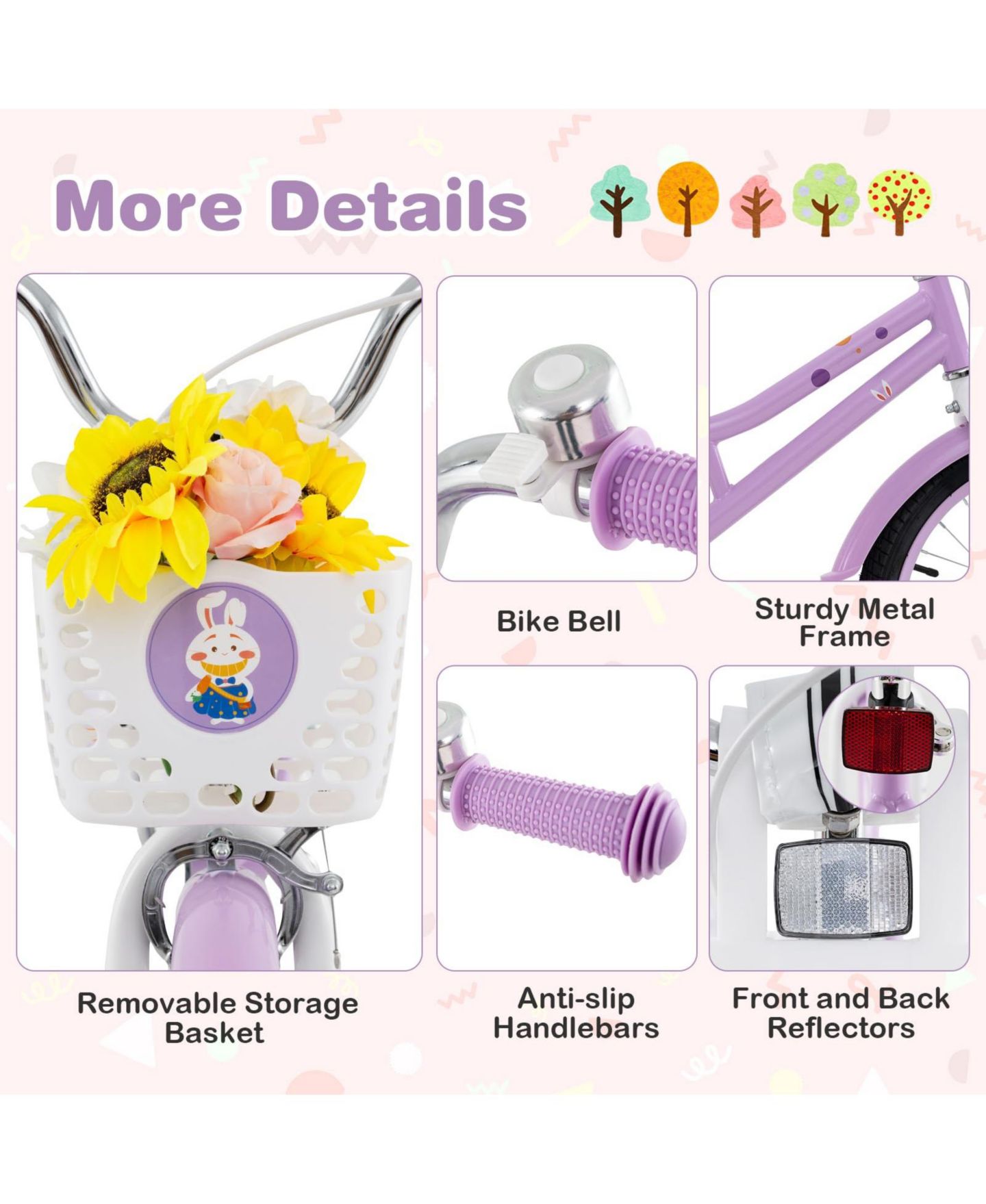 Детская игрушка Mecale 18 Inch Girl Bike with Basket with Detachable Training Wheels for 4-8 Years Old, цвет: Фиолетовый — фото 8