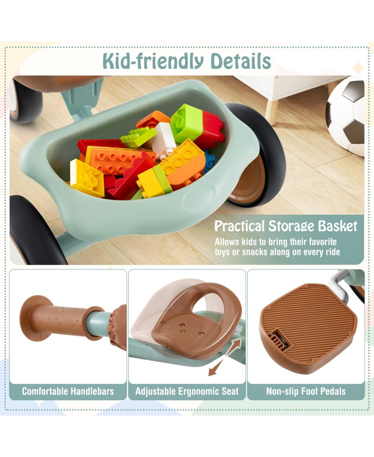 Детская игрушка Mecale Toddler Tricycle Kids Trike with Adjustable Seat and Storage Basket Aged 3-5 Years Old, цвет: Зелёный — фото 4