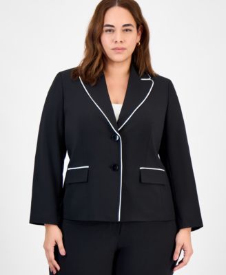 Plus Size Piping-Trim Peak-Lapel Pantsuit Set