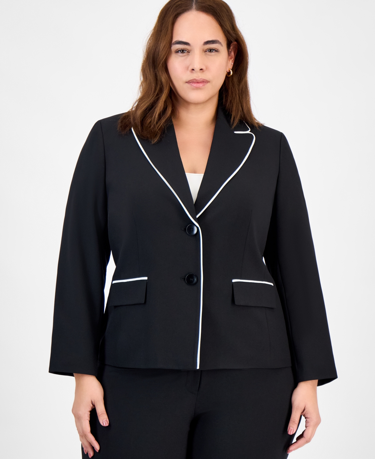 Le Suit Plus Size Piping-trim Peak-lapel Pantsuit Set In Black