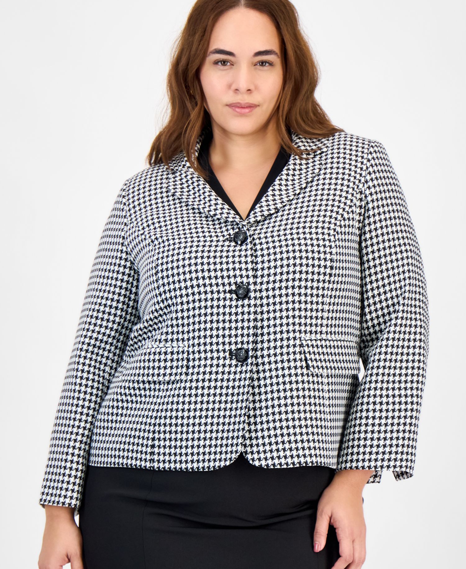 Plus Size Pencil Houndstooth 2 Piece Skirt Suit