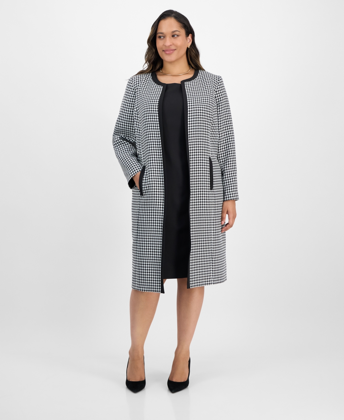 Plus Size Houndstooth Topper Jacket & Sleeveless Dress Suit - Black/white