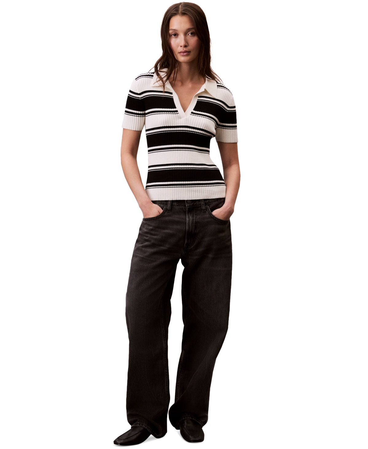 Women's Cotton Polo Striped Short-Sleeve Sweater - Tofu Stripe