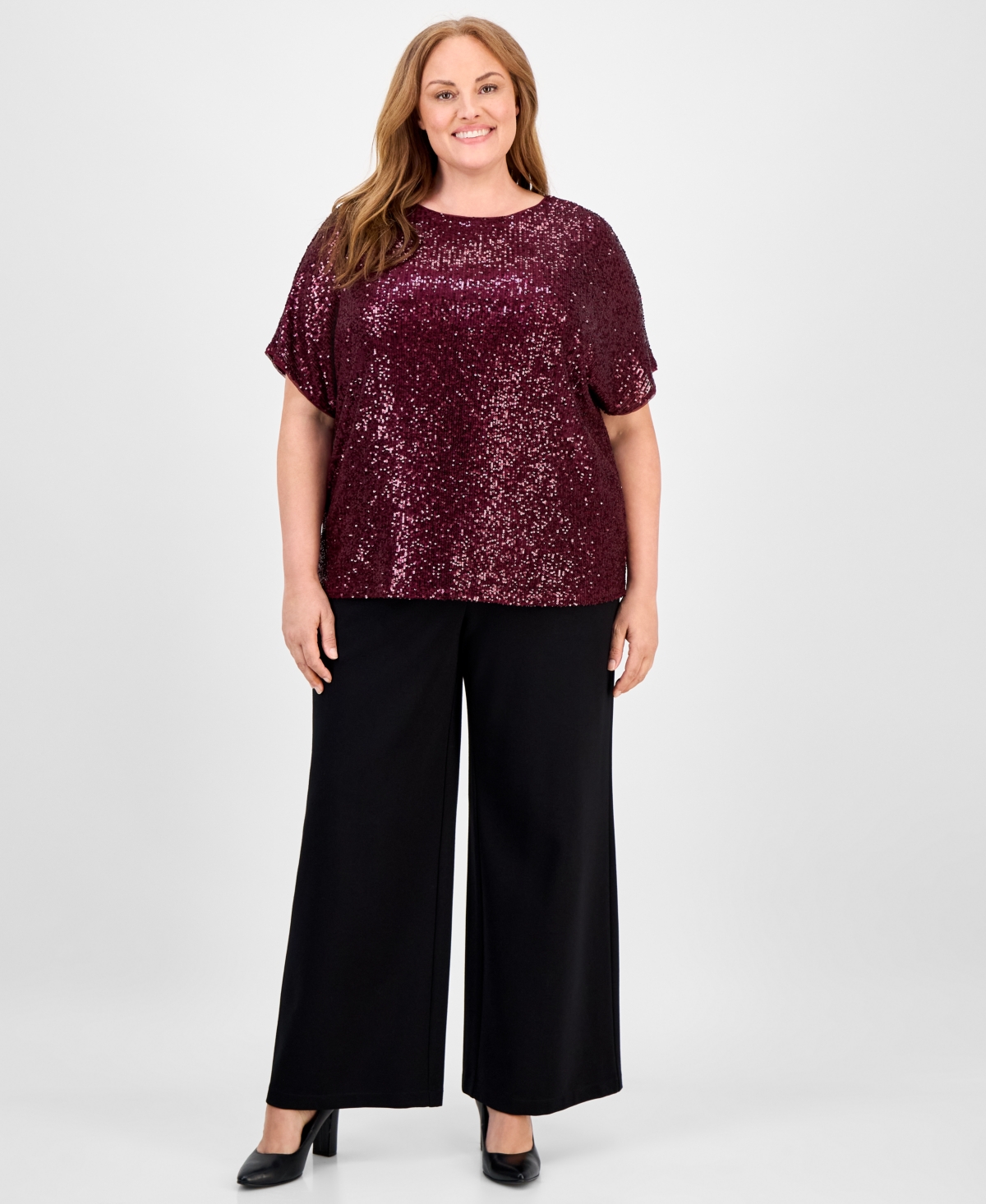 Anne Klein Plus Size Sequin Top In Burgundy