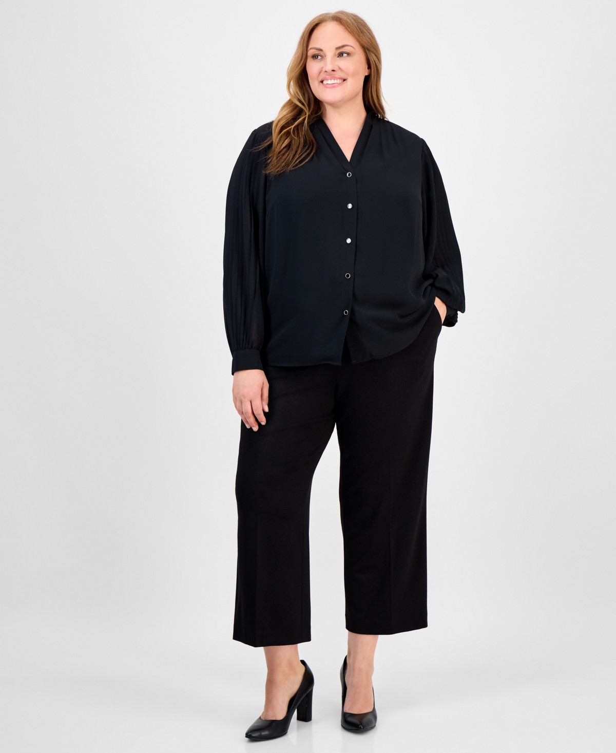Anne Klein Plus Size V-neck Button-down Top In Black