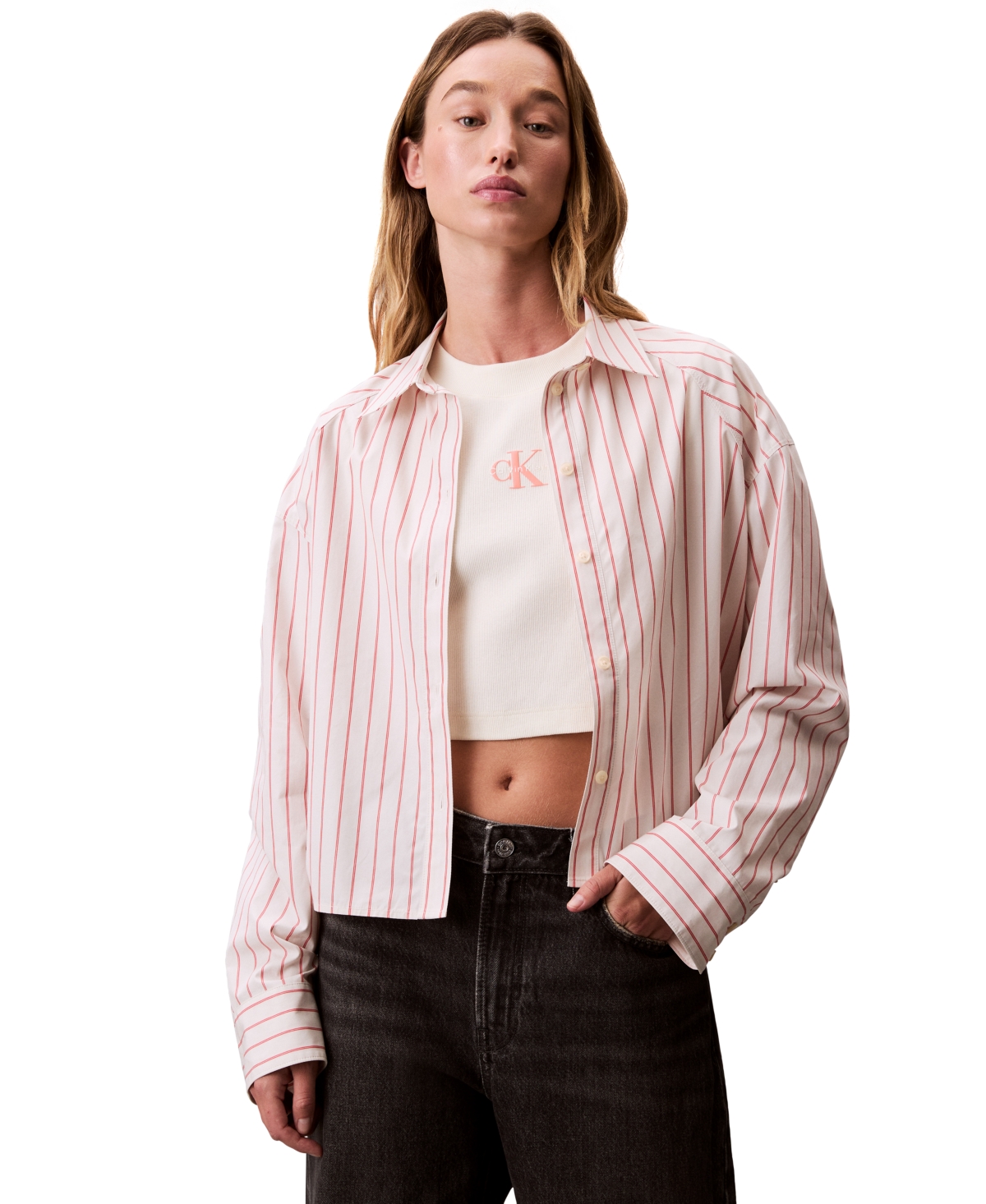Women's Stripe Boxy Cotton Crop Shirt - CHALK