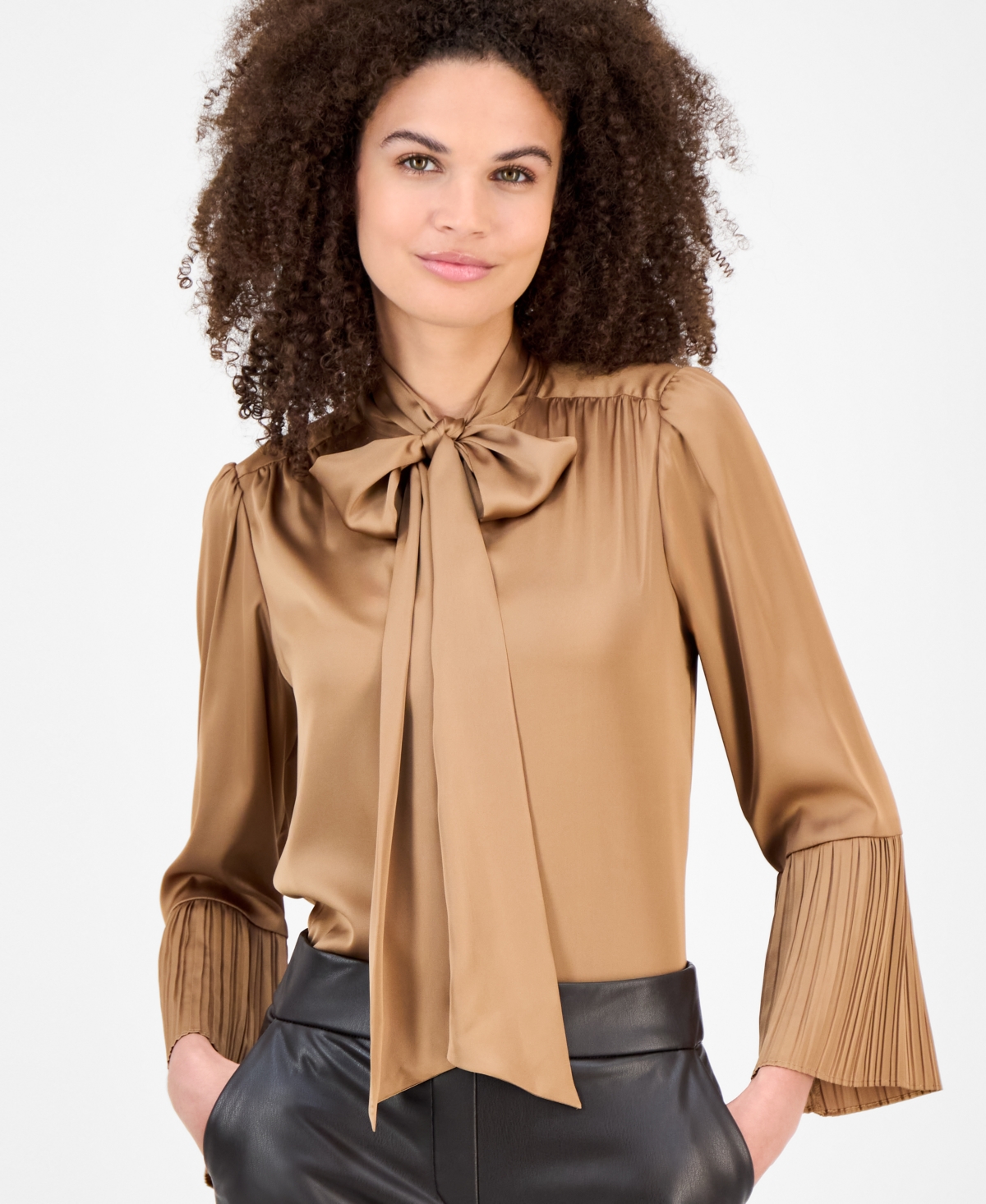 Anne Klein Women's Pleated-cuff Bow-neck Blouse In Brown