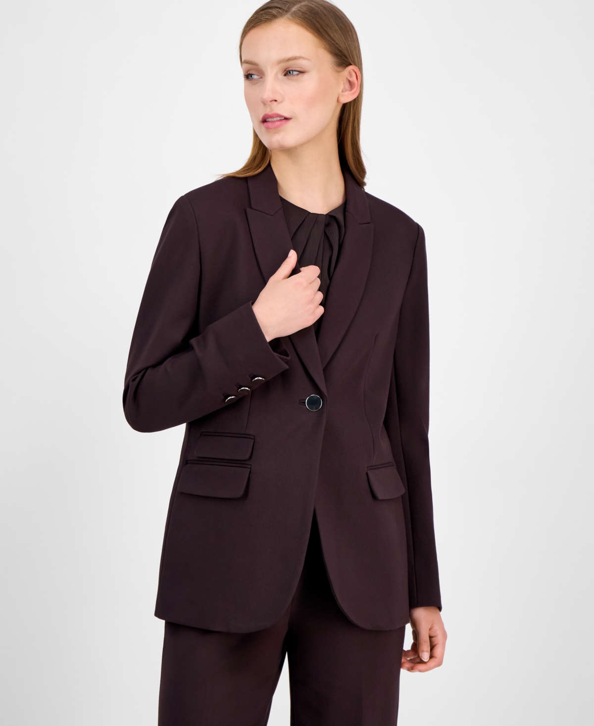 Anne Klein Petite One-button Triple-pocket Jacket In Burgundy
