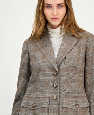 Women's Check-Print Peak-Lapel Three-Pocket Jacket