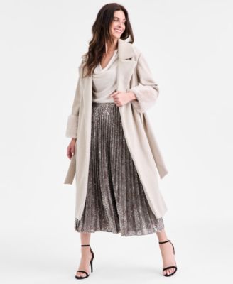 Anne Klein - Petite Faux-Fur-Cuff Tie-Front Coat