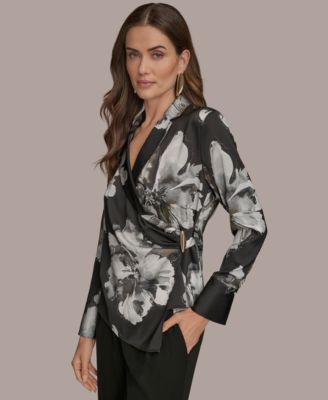 Women's Long-Sleeve Printed Shawl-Collar Blouse