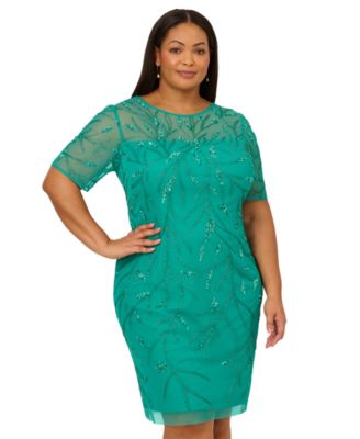 Plus Size Beaded Mesh Sheath Dress