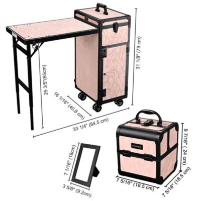 Rolling Nail Table w/ Makeup Case Cosmetic Organizer Aluminum Pink