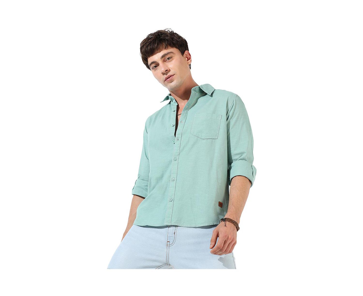 Men's Solid Aqua Green Regular Fit Casual Shirt