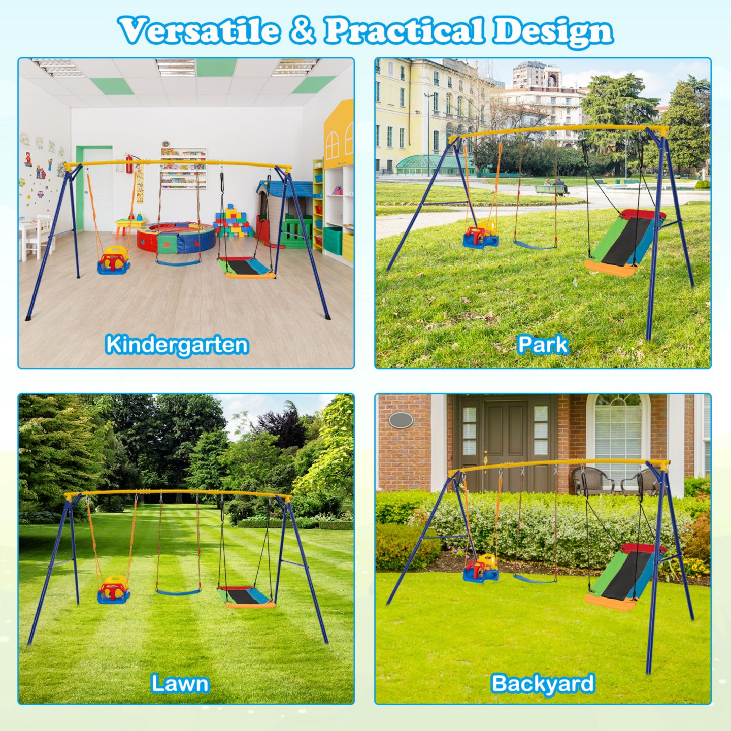 Детские игрушки Gymax 3-in-1 Kids Carbon Steel Adjustable Swing Set, 660 Lbs, Ages 3-10, цвет: Жёлтый синий — фото 5
