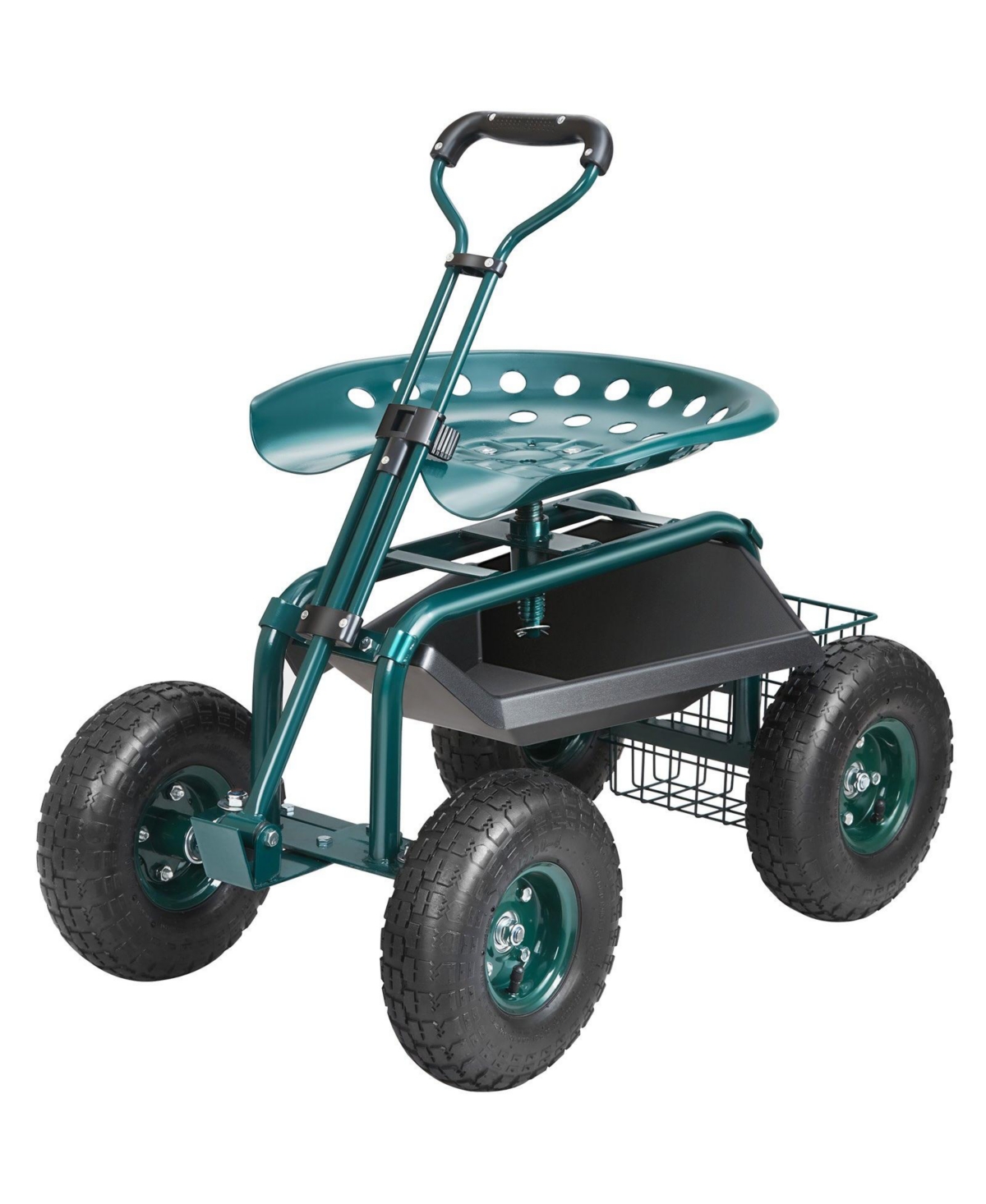 Garden Scooter Cart with Wheels Swivel Seat Tool Tray and Handle for Outdoor Tasks - Green