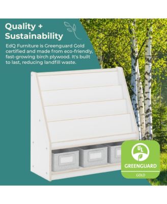 EdQ Book and Bin Display - White: Children's Wooden Bookcase with Shelves and Storage Bins for Kids' Books and Toys