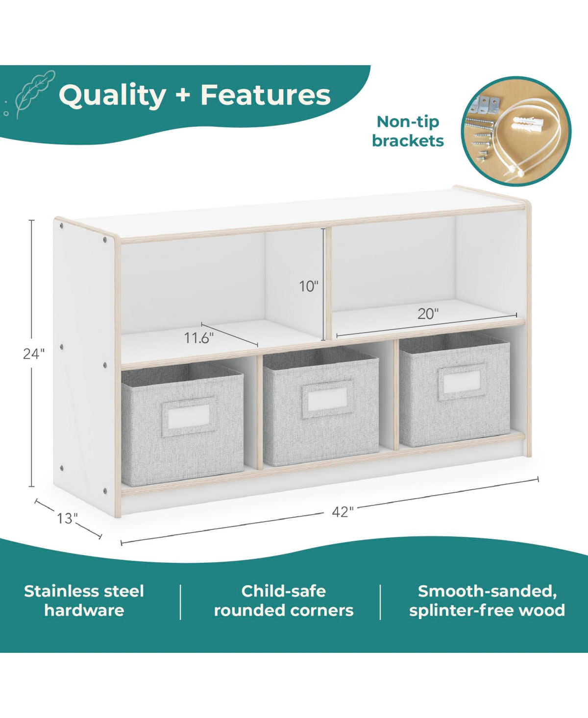 Guidecraft EdQ 2-Shelf 5-Compartment Storage 24" - White: Wooden Classroom and Playroom Bookshelf with Bins for Kids Toys Books