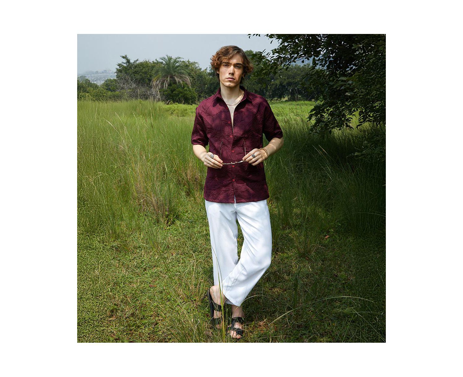 Men's Wine Red Foliage-Tactile Shirt